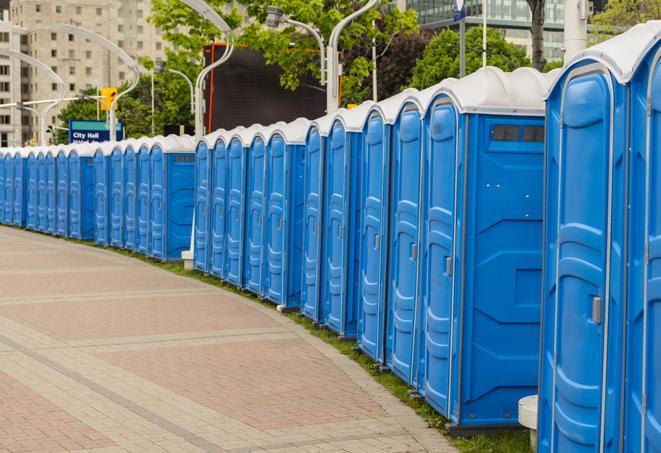 portable restrooms with sink and hand sanitizer stations, available at a festival in Alamo